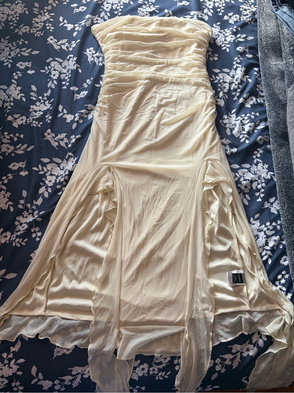 SHEIN Cream Ivory Strapless Ruched Maxi Dress Ruffle Hem Elegant Formal
